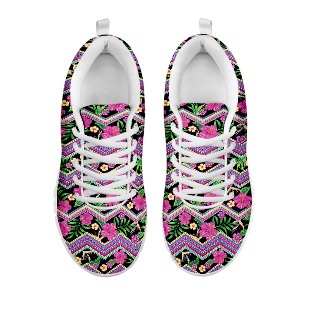 Tropical Hibiscus Flowers Aztec Print White Sneakers