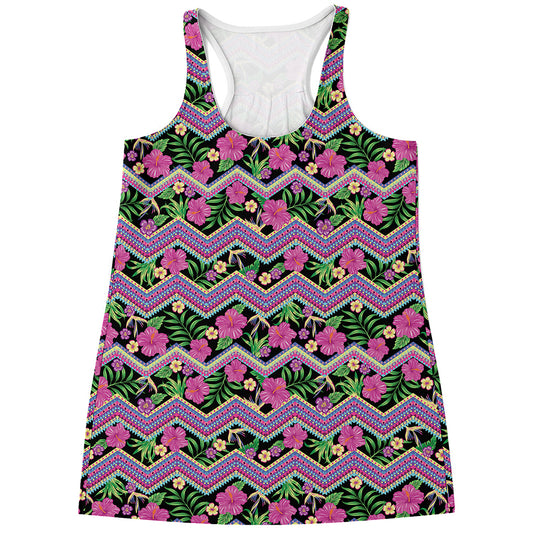 Tropical Hibiscus Flowers Aztec Print Women's Racerback Tank Top