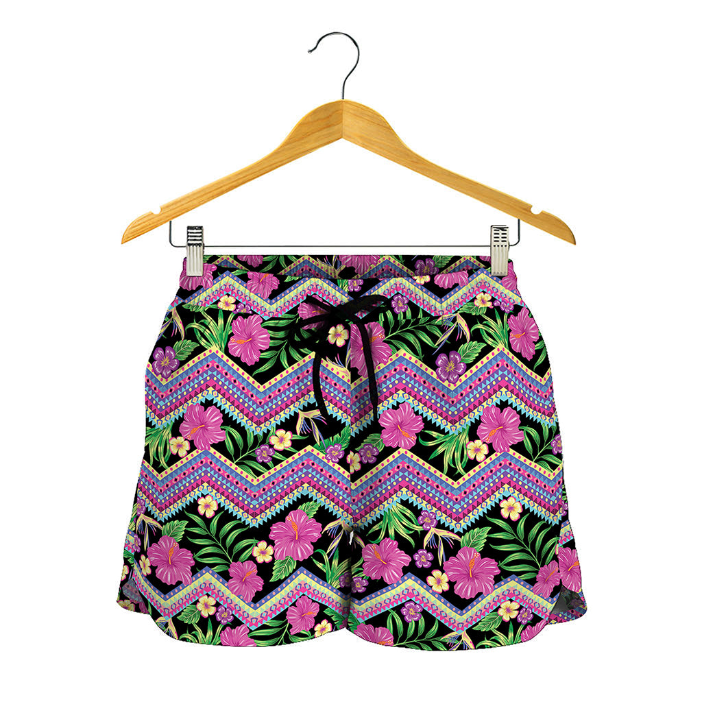 Tropical Hibiscus Flowers Aztec Print Women's Shorts