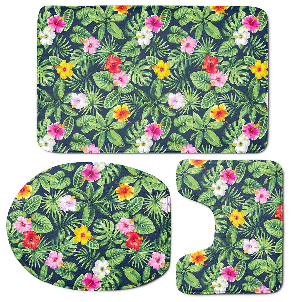 Tropical Hibiscus Flowers Pattern Print 3 Piece Bath Mat Set