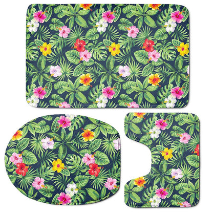 Tropical Hibiscus Flowers Pattern Print 3 Piece Bath Mat Set