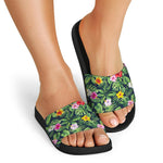 Tropical Hibiscus Flowers Pattern Print Black Slide Sandals