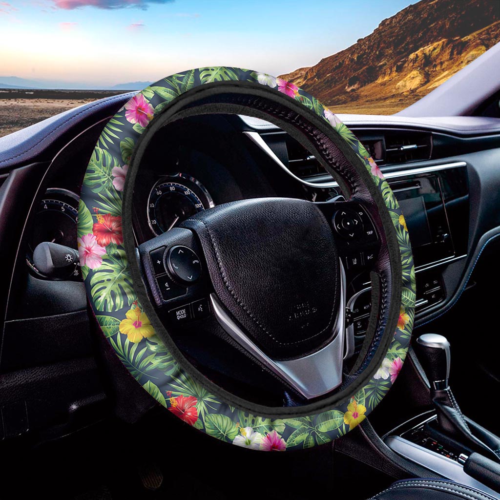 Tropical Hibiscus Flowers Pattern Print Car Steering Wheel Cover