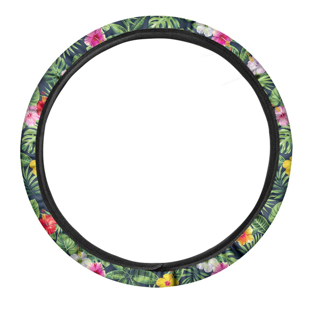 Tropical Hibiscus Flowers Pattern Print Car Steering Wheel Cover