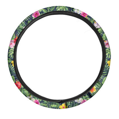 Tropical Hibiscus Flowers Pattern Print Car Steering Wheel Cover