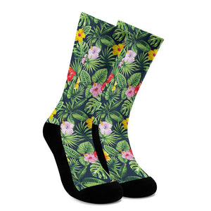 Tropical Hibiscus Flowers Pattern Print Crew Socks