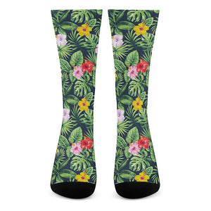 Tropical Hibiscus Flowers Pattern Print Crew Socks