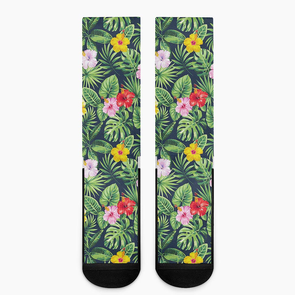 Tropical Hibiscus Flowers Pattern Print Crew Socks