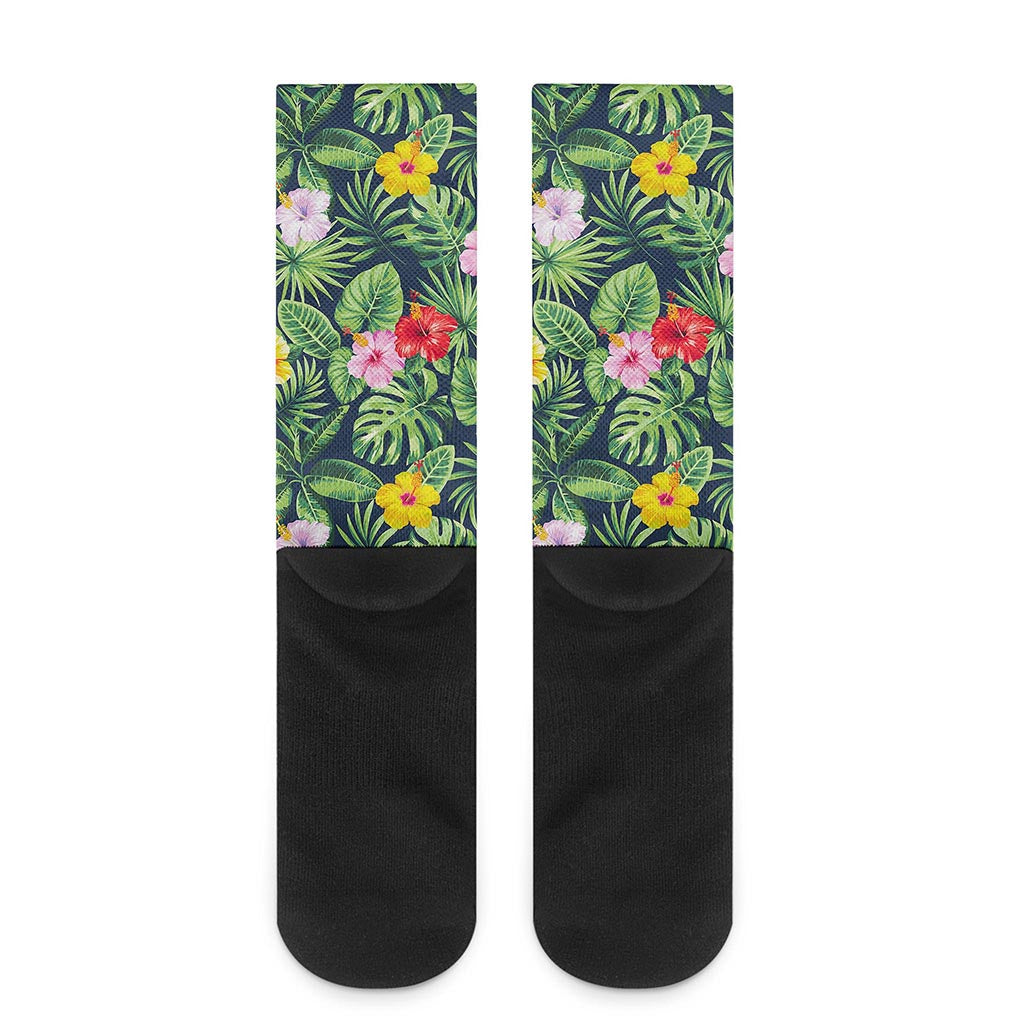 Tropical Hibiscus Flowers Pattern Print Crew Socks