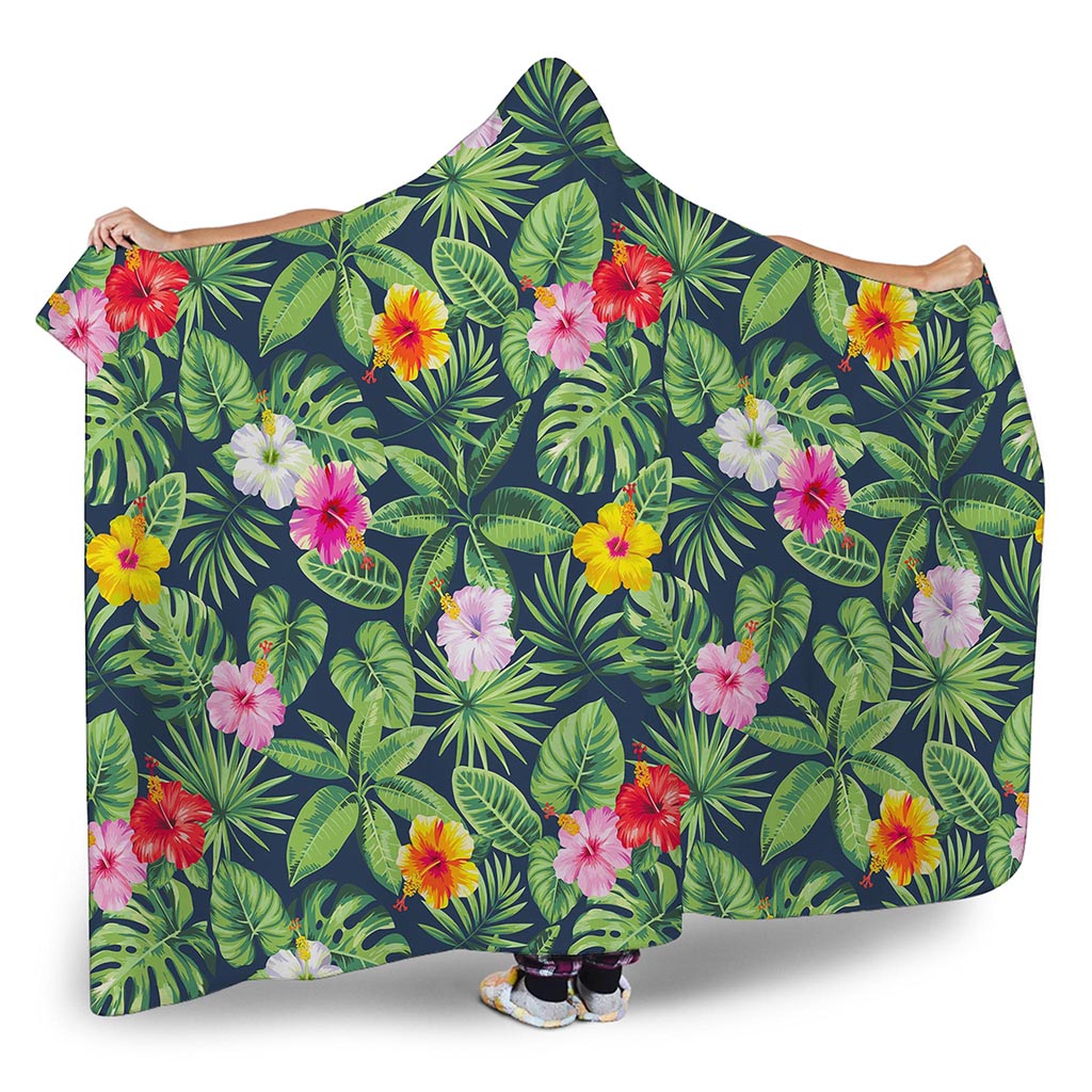 Tropical Hibiscus Flowers Pattern Print Hooded Blanket