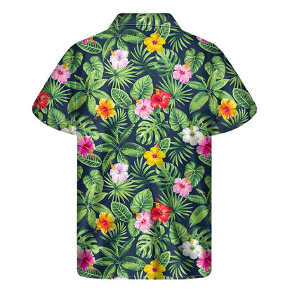 Tropical Hibiscus Flowers Pattern Print Men's Short Sleeve Shirt