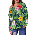 Tropical Hibiscus Flowers Pattern Print Off Shoulder Sweatshirt GearFrost