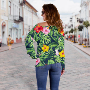 Tropical Hibiscus Flowers Pattern Print Off Shoulder Sweatshirt GearFrost