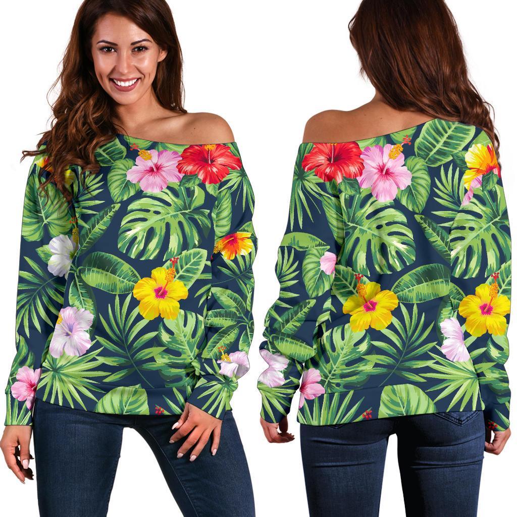 Tropical Hibiscus Flowers Pattern Print Off Shoulder Sweatshirt GearFrost