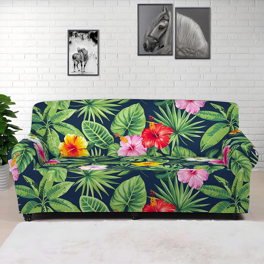 Tropical Hibiscus Flowers Pattern Print Sofa Cover