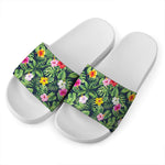 Tropical Hibiscus Flowers Pattern Print White Slide Sandals