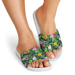 Tropical Hibiscus Flowers Pattern Print White Slide Sandals