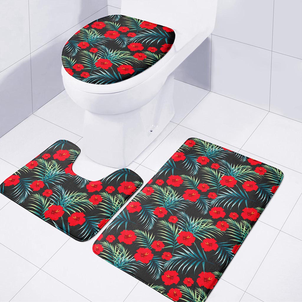 Tropical Hibiscus Leaves Pattern Print 3 Piece Bath Mat Set