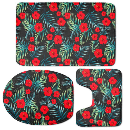 Tropical Hibiscus Leaves Pattern Print 3 Piece Bath Mat Set