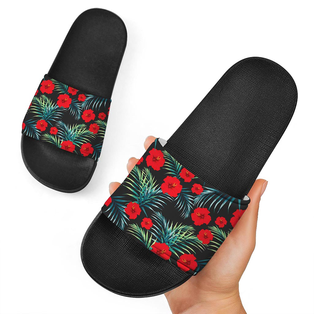 Tropical Hibiscus Leaves Pattern Print Black Slide Sandals