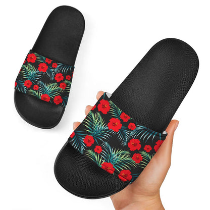 Tropical Hibiscus Leaves Pattern Print Black Slide Sandals