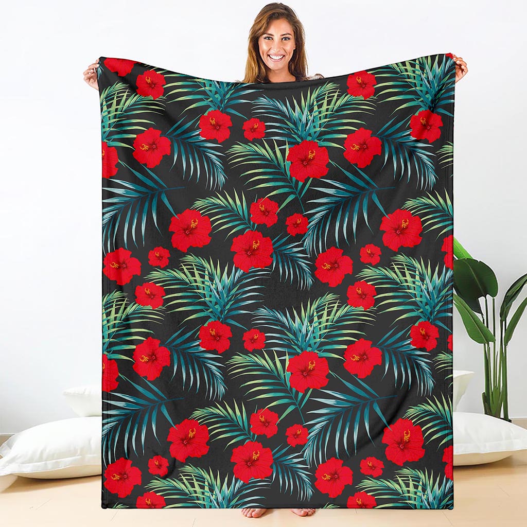 Tropical Hibiscus Leaves Pattern Print Blanket