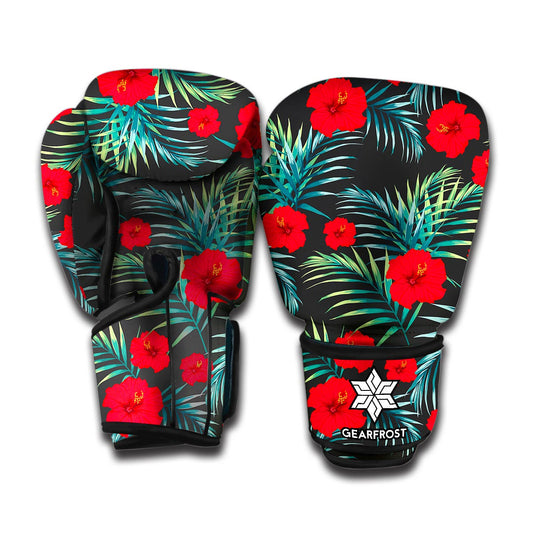 Tropical Hibiscus Leaves Pattern Print Boxing Gloves