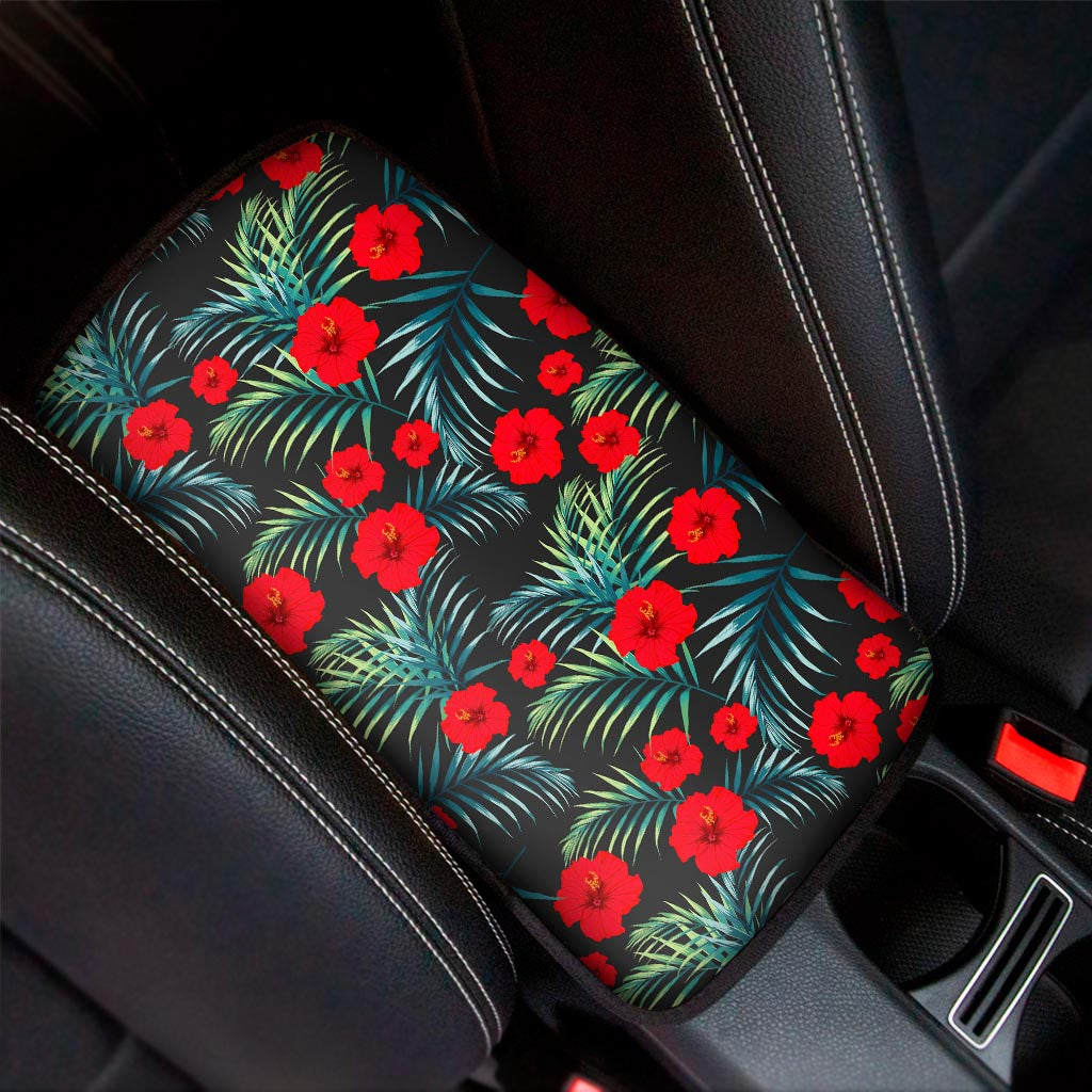 Tropical Hibiscus Leaves Pattern Print Car Center Console Cover