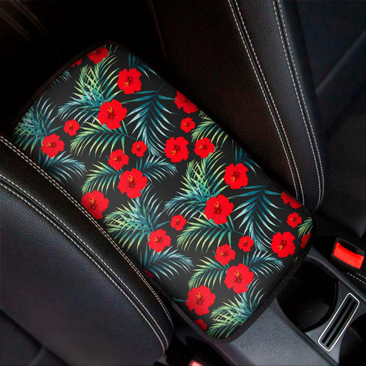 Tropical Hibiscus Leaves Pattern Print Car Center Console Cover