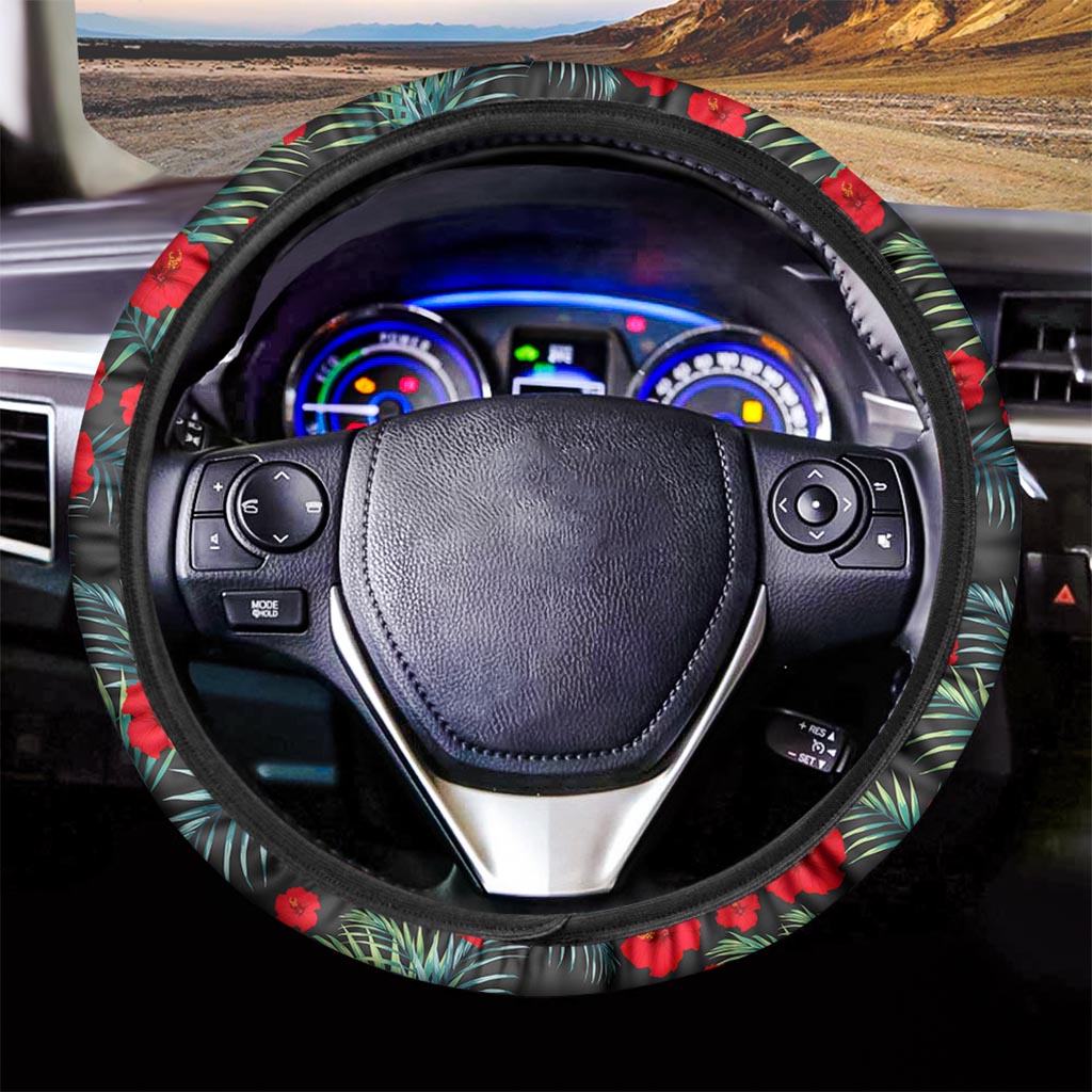 Tropical Hibiscus Leaves Pattern Print Car Steering Wheel Cover