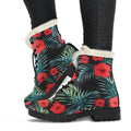 Tropical Hibiscus Leaves Pattern Print Faux Fur Leather Boots
