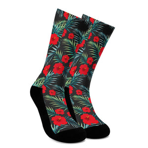 Tropical Hibiscus Leaves Pattern Print Crew Socks