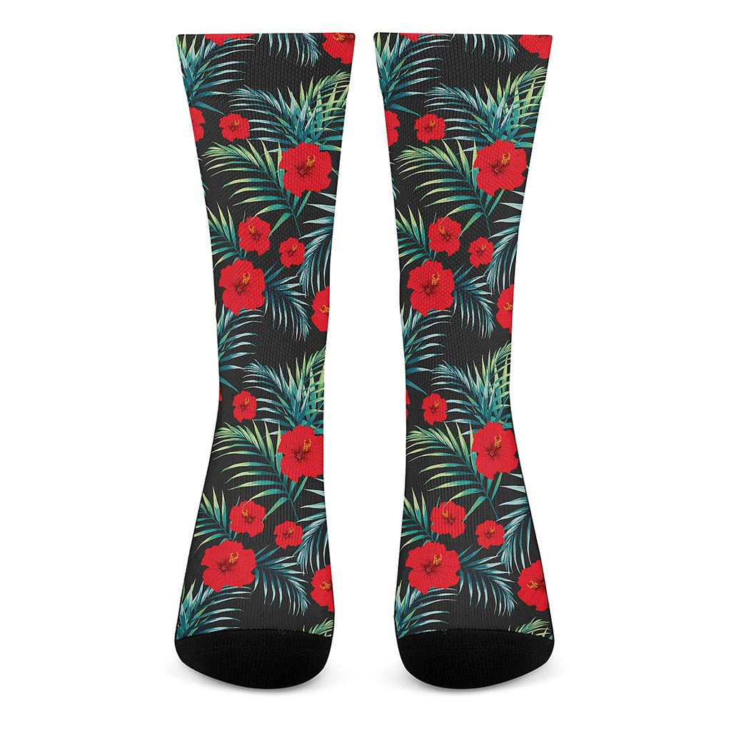 Tropical Hibiscus Leaves Pattern Print Crew Socks