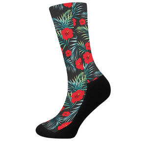 Tropical Hibiscus Leaves Pattern Print Crew Socks