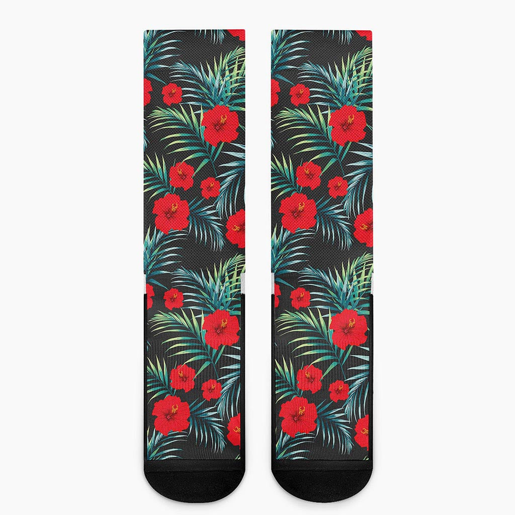 Tropical Hibiscus Leaves Pattern Print Crew Socks