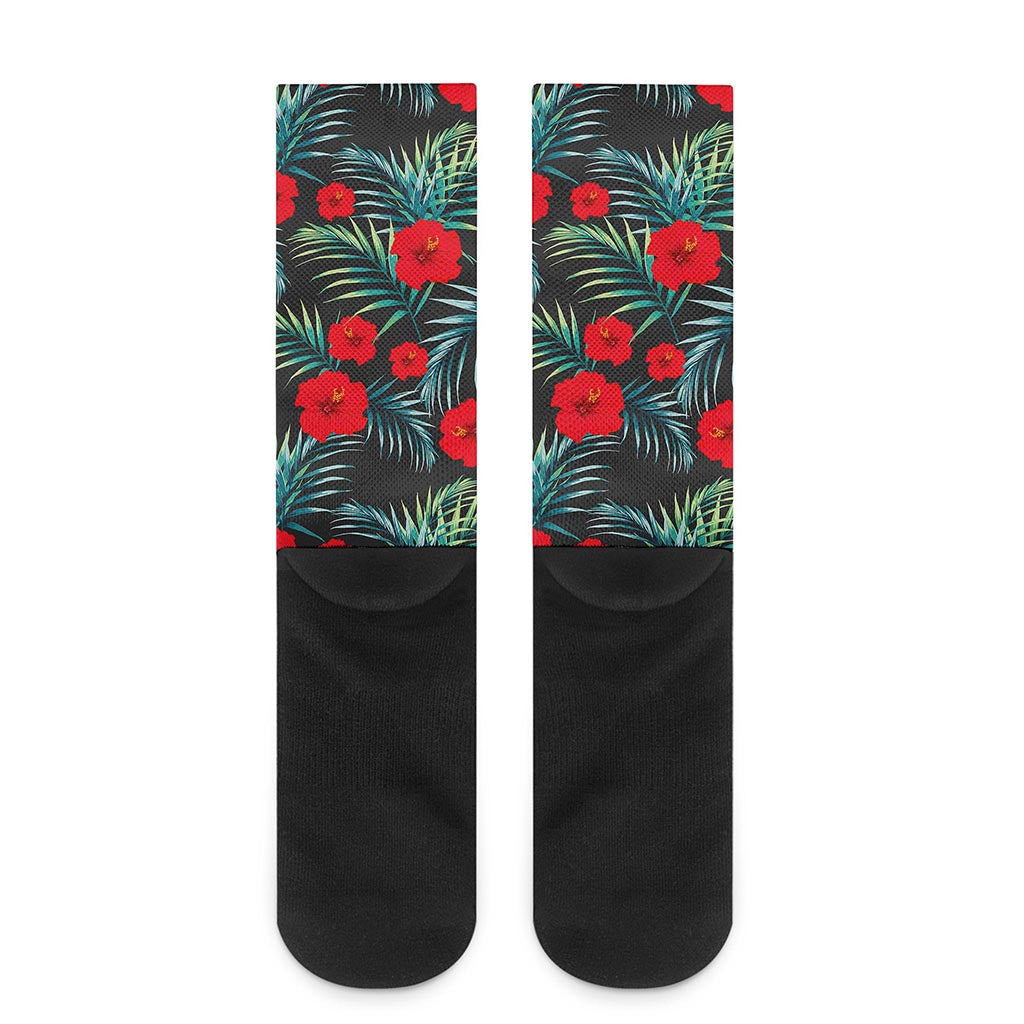 Tropical Hibiscus Leaves Pattern Print Crew Socks