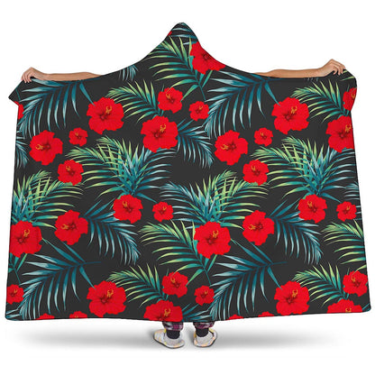 Tropical Hibiscus Leaves Pattern Print Hooded Blanket