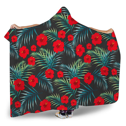 Tropical Hibiscus Leaves Pattern Print Hooded Blanket