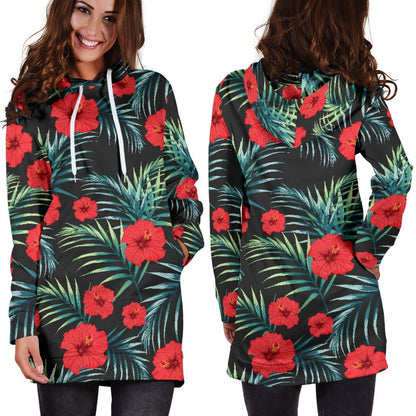 Tropical Hibiscus Leaves Pattern Print Hoodie Dress GearFrost