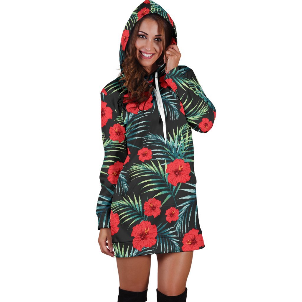 Tropical Hibiscus Leaves Pattern Print Hoodie Dress GearFrost