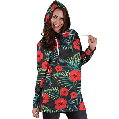 Tropical Hibiscus Leaves Pattern Print Hoodie Dress GearFrost