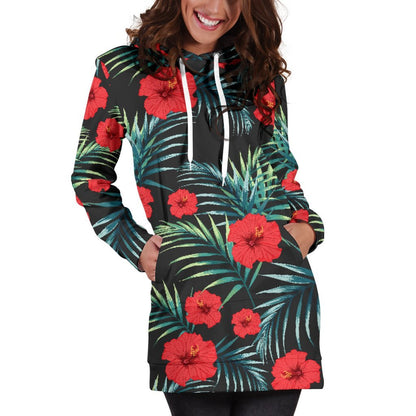 Tropical Hibiscus Leaves Pattern Print Hoodie Dress GearFrost