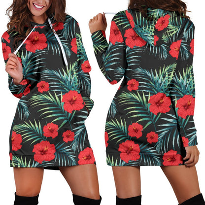 Tropical Hibiscus Leaves Pattern Print Hoodie Dress GearFrost