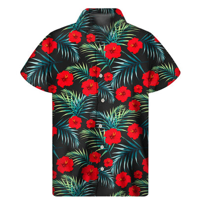 Tropical Hibiscus Leaves Pattern Print Men's Short Sleeve Shirt