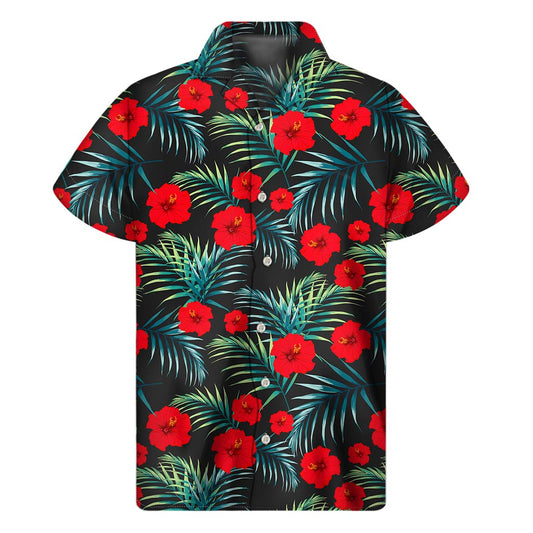 Tropical Hibiscus Leaves Pattern Print Men's Short Sleeve Shirt