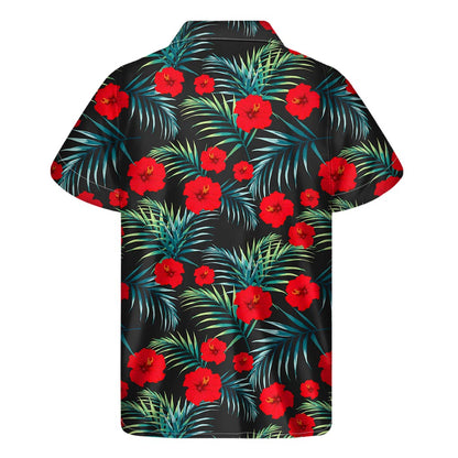 Tropical Hibiscus Leaves Pattern Print Men's Short Sleeve Shirt