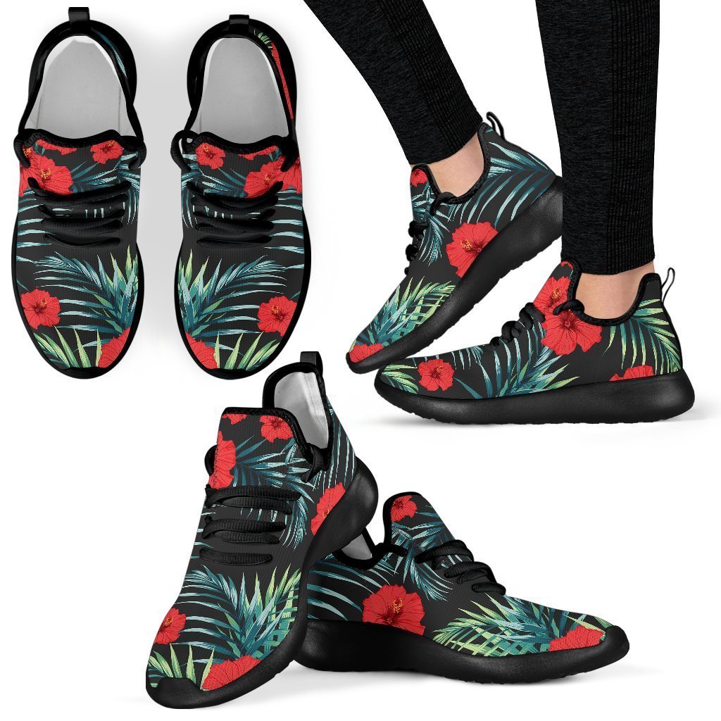Tropical Hibiscus Leaves Pattern Print Mesh Knit Shoes GearFrost