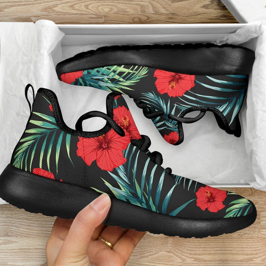 Tropical Hibiscus Leaves Pattern Print Mesh Knit Shoes GearFrost