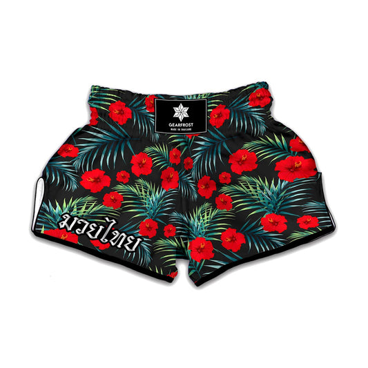 Tropical Hibiscus Leaves Pattern Print Muay Thai Boxing Shorts