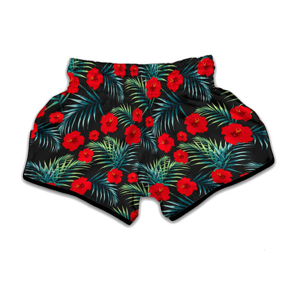 Tropical Hibiscus Leaves Pattern Print Muay Thai Boxing Shorts